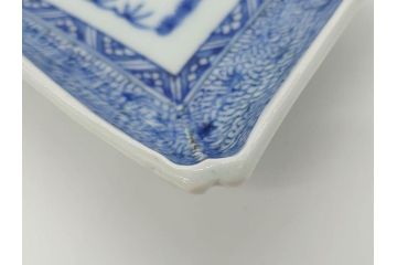 江戸期　成化年製　古伊万里　染付　微塵唐草　松竹梅文　約21cm　6.7寸　和の雰囲気漂う長皿2枚セット(角皿、和食器、和皿、六寸七分)(R-081002)