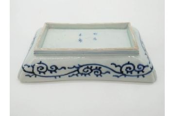 江戸期　成化年製　古伊万里　染付　微塵唐草　松竹梅文　約21cm　6.7寸　和の雰囲気漂う長皿2枚セット(角皿、和食器、和皿、六寸七分)(R-081002)