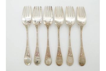 アメリカ　TIFFANY&CO.(ティファニー)　STERLINGSILVER(スターリングシルバー) Jardin　総重量 約338g　細かな花や鳥のデザインが上品なデザートフォーク6本セット(DESSERT FORKS、銀製品、洋食器、カトラリー、ジャルダン、収納袋付き、共箱付き)(R-081003)