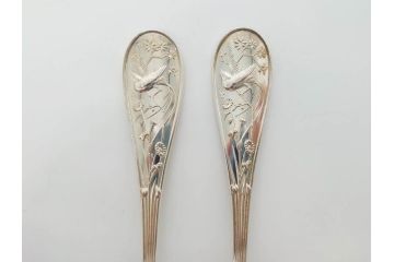 アメリカ　TIFFANY&CO.(ティファニー)　STERLINGSILVER(スターリングシルバー) Jardin　総重量 約338g　細かな花や鳥のデザインが上品なデザートフォーク6本セット(DESSERT FORKS、銀製品、洋食器、カトラリー、ジャルダン、収納袋付き、共箱付き)(R-081003)