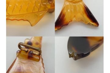 アンティーク　時代物　べっ甲(鼈甲)　美しい艶が魅力の帯留4点セット(魚、鯉、花、帯留め、着物道具、和装小物、アクセサリー、共箱付き)(R-081007)