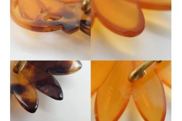 アンティーク　時代物　べっ甲(鼈甲)　美しい艶が魅力の帯留4点セット(魚、鯉、花、帯留め、着物道具、和装小物、アクセサリー、共箱付き)(R-081007)