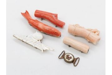 アンティーク　時代物　珊瑚　ピンク　桃色　螺鈿細工　SPM刻印　和の装いを引きたてる帯留6点セット(サンゴ、鯉、魚、竹梅?、帯留め、着物道具、和装小物、アクセサリー)(R-081008)