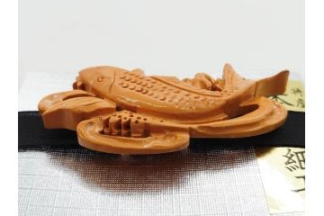 木製　本つげ細工　細かな彫りが見事な帯留6点セット(在銘作家物、介山、鯉、魚、翁面、帆船、花、月?、着物道具、和装小物、アクセサリー、帯締め、帯留め)(R-081010)