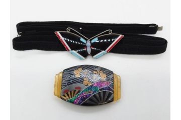 アンティーク　時代物　螺鈿細工　べっ甲(鼈甲)　オパール　上品な雰囲気の帯留2点セット(蝶、花、菊、扇、帯締め、帯留め、着物道具、和装小物、アクセサリー)(R-081011)
