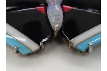アンティーク　時代物　螺鈿細工　べっ甲(鼈甲)　オパール　上品な雰囲気の帯留2点セット(蝶、花、菊、扇、帯締め、帯留め、着物道具、和装小物、アクセサリー)(R-081011)