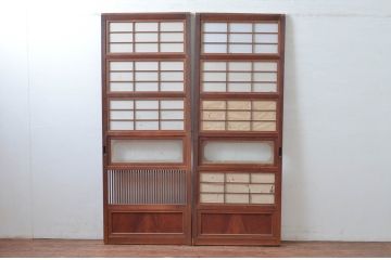 アンティーク建具　腰板欅(ケヤキ)材　裏障子付きの幅狭格子戸2枚セット(引き戸、障子戸、ガラス戸)(R-081027)