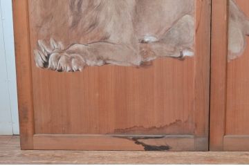 アンティーク建具　激レア　希少!!　迫力のあるライオンと細部まで描かれた雁(ガン)の図柄が目を惹かれる板絵戸3枚セット(引き戸、板戸、獅子、鳥)(R-081028)