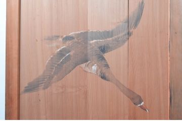 アンティーク建具　激レア　希少!!　迫力のあるライオンと細部まで描かれた雁(ガン)の図柄が目を惹かれる板絵戸3枚セット(引き戸、板戸、獅子、鳥)(R-081028)