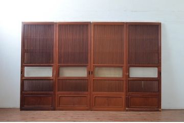 アンティーク建具　上手物!!　どこか懐かしい雰囲気の裏ガラス入り幅狭格子戸4枚セット(引き戸、ガラス戸)(R-081046)