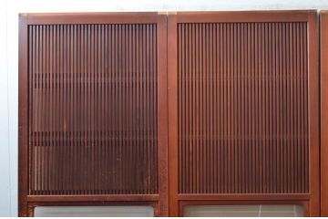 アンティーク建具　上手物!!　どこか懐かしい雰囲気の裏ガラス入り幅狭格子戸4枚セット(引き戸、ガラス戸)(R-081046)