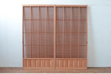 アンティーク建具　無双腰板が涼しげな和の空間を演出する夏戸2枚(簾戸、簀戸、葭戸、夏障子、葦戸、引き戸)(R-081069)