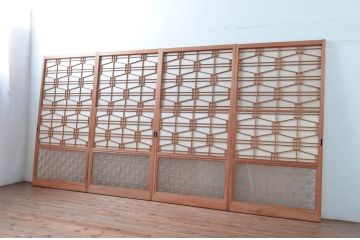 アンティーク建具　高級特注品!!　上品で凝ったデザインが魅力的な組子入り雪見障子戸4枚セット(猫間障子戸、擦り上げ障子戸、擦上障子戸、引き戸、ガラス戸)(R-081070)