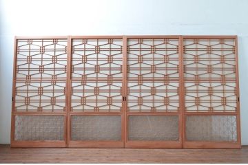 アンティーク建具　高級特注品!!　上品で凝ったデザインが魅力的な組子入り雪見障子戸4枚セット(猫間障子戸、擦り上げ障子戸、擦上障子戸、引き戸、ガラス戸)(R-081070)