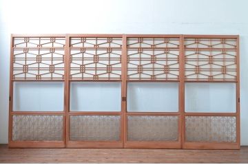 アンティーク建具　高級特注品!!　上品で凝ったデザインが魅力的な組子入り雪見障子戸4枚セット(猫間障子戸、擦り上げ障子戸、擦上障子戸、引き戸、ガラス戸)(R-081070)