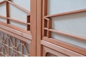 アンティーク建具　高級特注品!!　上品で凝ったデザインが魅力的な組子入り雪見障子戸4枚セット(猫間障子戸、擦り上げ障子戸、擦上障子戸、引き戸、ガラス戸)(R-081070)