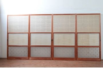 アンティーク建具　高級特注品!!　上品で凝ったデザインが魅力的な組子入り雪見障子戸4枚セット(猫間障子戸、擦り上げ障子戸、擦上障子戸、引き戸、ガラス戸)(R-081070)