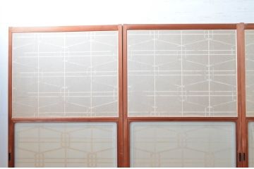 アンティーク建具　高級特注品!!　上品で凝ったデザインが魅力的な組子入り雪見障子戸4枚セット(猫間障子戸、擦り上げ障子戸、擦上障子戸、引き戸、ガラス戸)(R-081070)