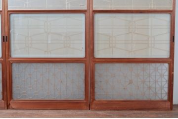 アンティーク建具　高級特注品!!　上品で凝ったデザインが魅力的な組子入り雪見障子戸4枚セット(猫間障子戸、擦り上げ障子戸、擦上障子戸、引き戸、ガラス戸)(R-081070)