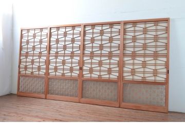 アンティーク建具　高級特注品!!　上品で凝ったデザインが魅力的な組子入り雪見障子戸4枚セット(猫間障子戸、擦り上げ障子戸、擦上障子戸、引き戸、ガラス戸)(R-081071)