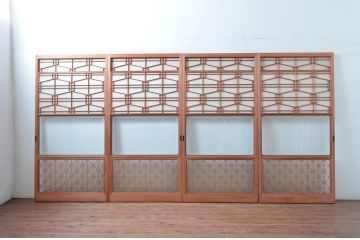 アンティーク建具　高級特注品!!　上品で凝ったデザインが魅力的な組子入り雪見障子戸4枚セット(猫間障子戸、擦り上げ障子戸、擦上障子戸、引き戸、ガラス戸)(R-081071)