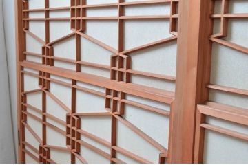 アンティーク建具　高級特注品!!　上品で凝ったデザインが魅力的な組子入り雪見障子戸4枚セット(猫間障子戸、擦り上げ障子戸、擦上障子戸、引き戸、ガラス戸)(R-081071)