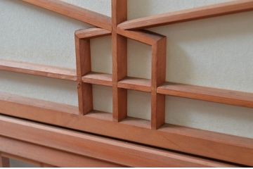 アンティーク建具　高級特注品!!　上品で凝ったデザインが魅力的な組子入り雪見障子戸4枚セット(猫間障子戸、擦り上げ障子戸、擦上障子戸、引き戸、ガラス戸)(R-081071)