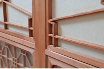 アンティーク建具　高級特注品!!　上品で凝ったデザインが魅力的な組子入り雪見障子戸4枚セット(猫間障子戸、擦り上げ障子戸、擦上障子戸、引き戸、ガラス戸)(R-081071)