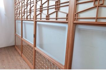 アンティーク建具　高級特注品!!　上品で凝ったデザインが魅力的な組子入り雪見障子戸4枚セット(猫間障子戸、擦り上げ障子戸、擦上障子戸、引き戸、ガラス戸)(R-081071)