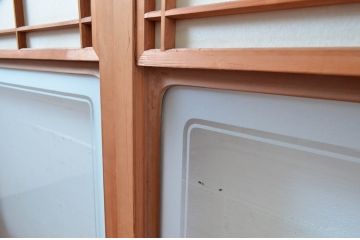 アンティーク建具　高級特注品!!　上品で凝ったデザインが魅力的な組子入り雪見障子戸4枚セット(猫間障子戸、擦り上げ障子戸、擦上障子戸、引き戸、ガラス戸)(R-081071)