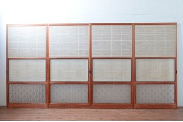 アンティーク建具　高級特注品!!　上品で凝ったデザインが魅力的な組子入り雪見障子戸4枚セット(猫間障子戸、擦り上げ障子戸、擦上障子戸、引き戸、ガラス戸)(R-081071)