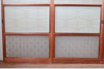 アンティーク建具　高級特注品!!　上品で凝ったデザインが魅力的な組子入り雪見障子戸4枚セット(猫間障子戸、擦り上げ障子戸、擦上障子戸、引き戸、ガラス戸)(R-081071)