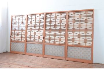 アンティーク建具　高級特注品!!　上品で凝ったデザインが魅力的な組子入り雪見障子戸4枚セット(猫間障子戸、擦り上げ障子戸、擦上障子戸、引き戸、ガラス戸)(R-081072)