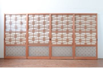 アンティーク建具　高級特注品!!　上品で凝ったデザインが魅力的な組子入り雪見障子戸4枚セット(猫間障子戸、擦り上げ障子戸、擦上障子戸、引き戸、ガラス戸)(R-081072)