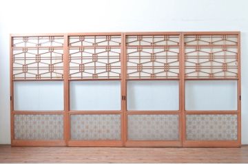 アンティーク建具　高級特注品!!　上品で凝ったデザインが魅力的な組子入り雪見障子戸4枚セット(猫間障子戸、擦り上げ障子戸、擦上障子戸、引き戸、ガラス戸)(R-081072)