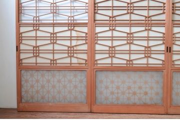 アンティーク建具　高級特注品!!　上品で凝ったデザインが魅力的な組子入り雪見障子戸4枚セット(猫間障子戸、擦り上げ障子戸、擦上障子戸、引き戸、ガラス戸)(R-081072)