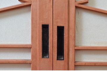 アンティーク建具　高級特注品!!　上品で凝ったデザインが魅力的な組子入り雪見障子戸4枚セット(猫間障子戸、擦り上げ障子戸、擦上障子戸、引き戸、ガラス戸)(R-081072)