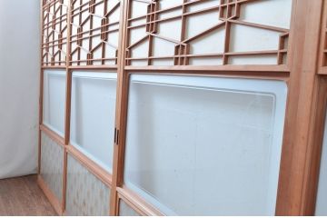 アンティーク建具　高級特注品!!　上品で凝ったデザインが魅力的な組子入り雪見障子戸4枚セット(猫間障子戸、擦り上げ障子戸、擦上障子戸、引き戸、ガラス戸)(R-081072)