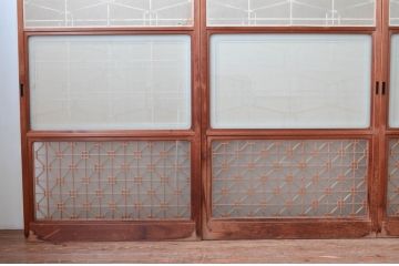 アンティーク建具　高級特注品!!　上品で凝ったデザインが魅力的な組子入り雪見障子戸4枚セット(猫間障子戸、擦り上げ障子戸、擦上障子戸、引き戸、ガラス戸)(R-081072)