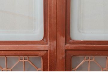 アンティーク建具　高級特注品!!　上品で凝ったデザインが魅力的な組子入り雪見障子戸4枚セット(猫間障子戸、擦り上げ障子戸、擦上障子戸、引き戸、ガラス戸)(R-081072)