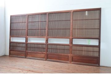 アンティーク建具　上手物!!　どこか懐かしい雰囲気を醸し出す裏障子付き格子戸4枚セット(引き戸、障子戸、ガラス帯戸)(R-081083)
