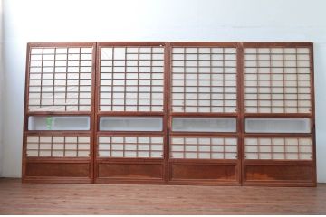 アンティーク建具　上手物!!　どこか懐かしい雰囲気を醸し出す裏障子付き格子戸4枚セット(引き戸、障子戸、ガラス帯戸)(R-081083)