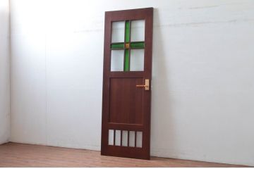 中古　職人手作り品!!　お部屋のアクセントになる色ガラス入りドア1枚(扉、木製扉)(R-081089)