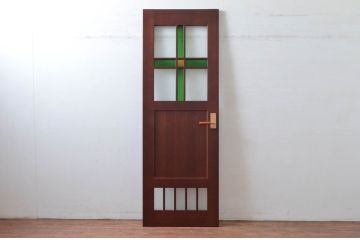 中古　職人手作り品!!　お部屋のアクセントになる色ガラス入りドア1枚(扉、木製扉)(R-081089)