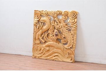 ビンテージ建具　激レア　特注品!!　龍の彫刻の小さな扉1対2枚セット(両開き扉1対、木製扉、ヴィンテージ)(R-081092)
