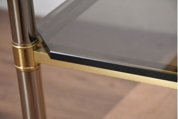 イタリアビンテージ　高級家具ブランド　Vivai del Sud(ヴィヴァイ デル シュッド)社製　ブラスフレーム　スモークガラス　洗練されたデザインのコーヒーテーブル(サイドテーブル、ローテーブル、リビングテーブル、センターテーブル、店舗什器、ヴィンテージ)(R-081107)