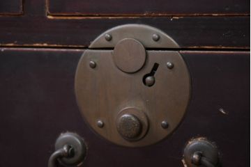 和製アンティーク　上手物!!　漆溜め塗り　上質な真鍮(しんちゅう)金具　凝った作りの彫刻建具が魅力的な関西収納箪笥(時代箪笥、帳場箪笥、小箪笥、和タンス、収納棚、引き出し、チェスト)(R-081123)
