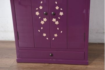 中古　二本松民芸家具　田中家具　気品ある桜のデザインが美しい紫色に映えるモダンデザインの仏壇(小型仏壇)(定価約36万円)(R-081137)