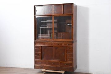 中古　国産　職人手作り　隠し収納付き　引き出しいっぱいの珍しい2段重ね茶箪笥(茶たんす、茶タンス、キャビネット、茶棚、飾り棚、収納棚、戸棚、店舗什器)(R-081146)