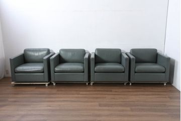アメリカビンテージ　高級輸入家具　Knoll(ノル)　フィスターコレクション　総革の贅沢な1人掛けラウンジソファ4脚セット(レザー、一人掛け、1Pソファ、アームソファ、ヴィンテージ、ノール、バラ売り可能)(現行定価4脚で約280万円)(R-081163)